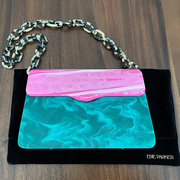 EDIE PARKER Malachite & Pink Acrylic Box Bag Tortoise Chain Hardbody Lady RARE - Picture 3 of 12